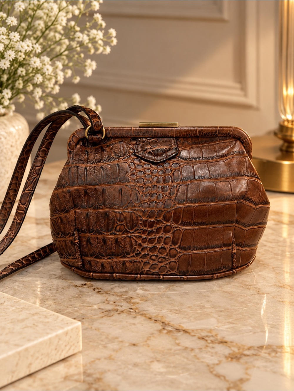 BUENO Women's Croc-Embossed Brown Leather Crossbody Bag